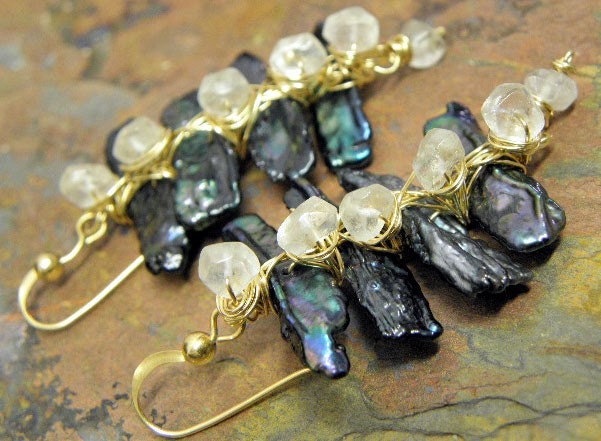Teal Falls, 14K Gold filled, Aquamarine, and Biwa Stick Pearls, ThePurpleLilyDesigns
