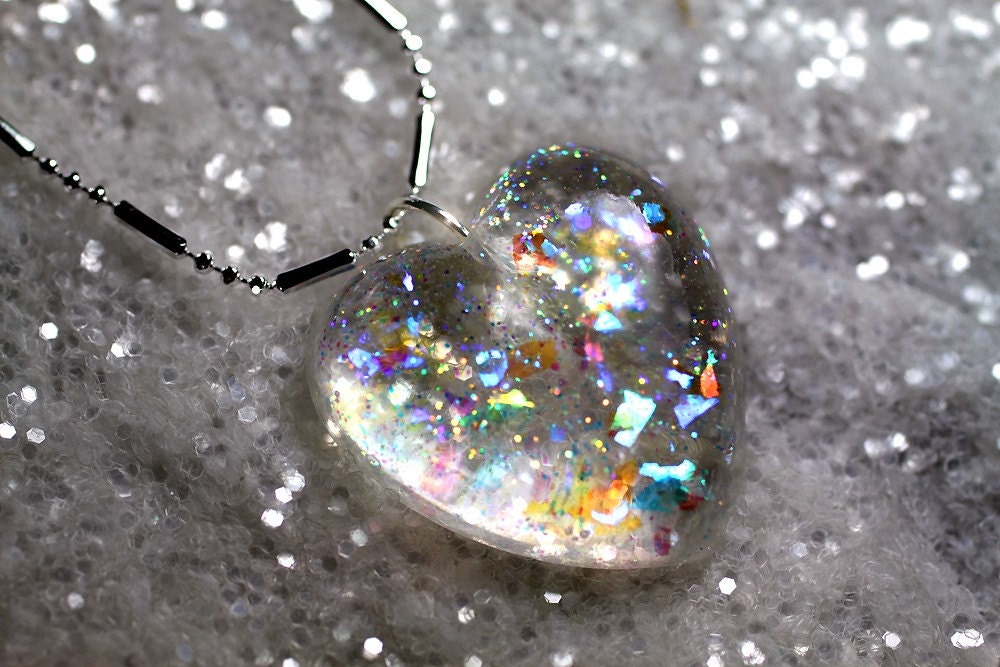 Clear Icy Sparkles Subtle Opalescent Rainbow Heart Necklace by isewcute