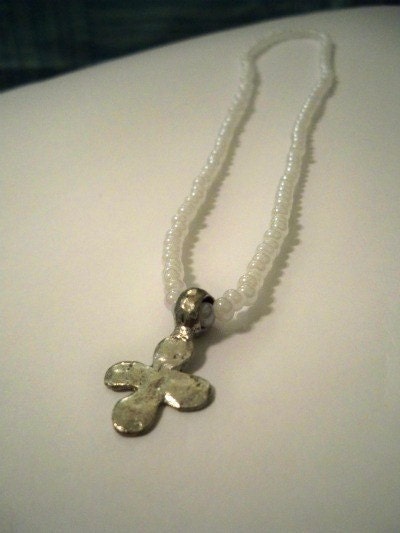 Hammered Cross and Pearl White Necklace
