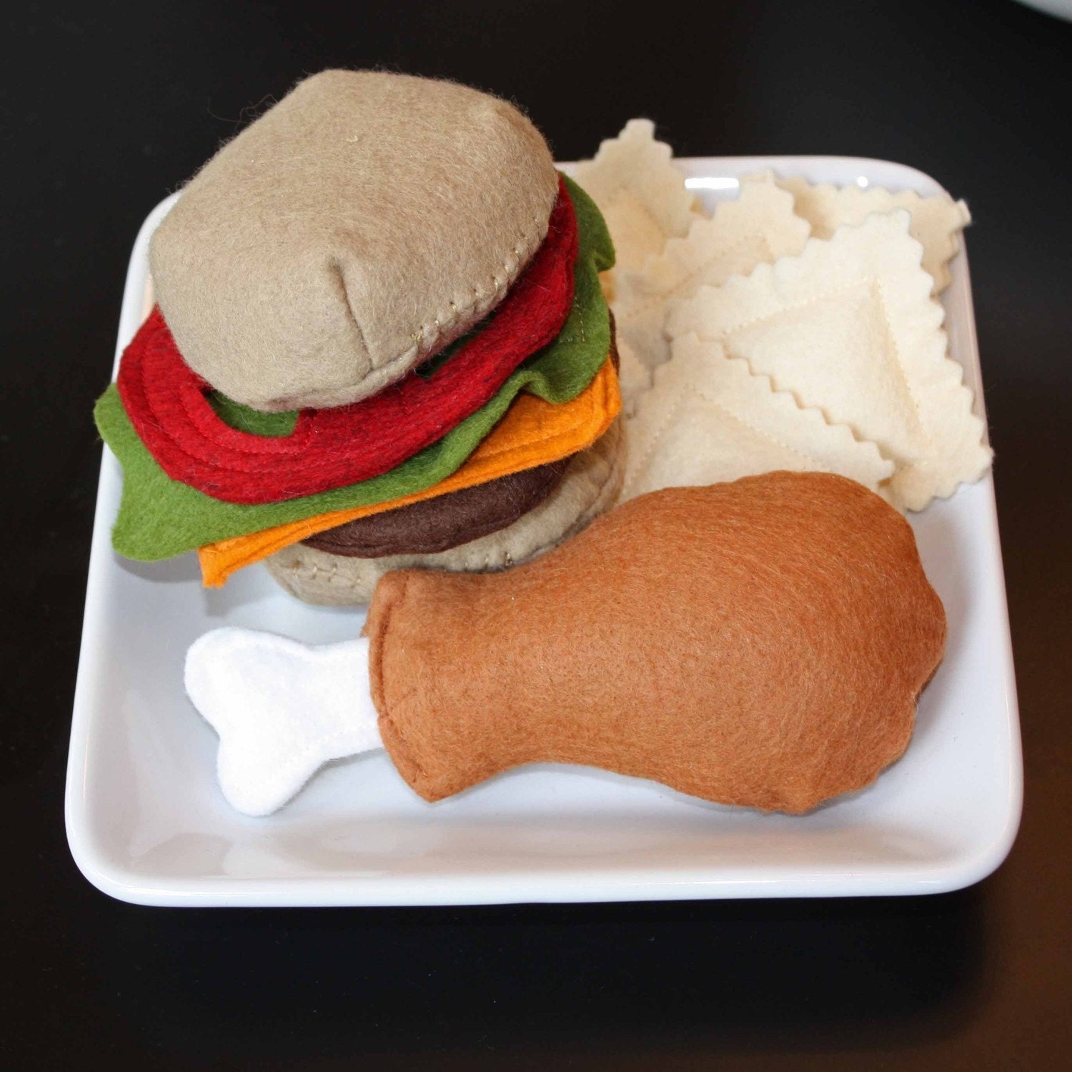 Felt Food Lunch or Dinner with a hamburger, chicken leg, and ravioli