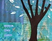 Enchanted Forest Tree Collage Art  Blue Giclee Print Children Whimsical 5 x 7  Trees Can Grant Wishes