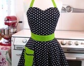 Retro Full Apron Sweetheart Neckline Black and White Polka Dot with Lime Green BELLA