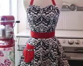 The BELLA Vintage Inspired Black and White Divine Damask with RED Full Apron