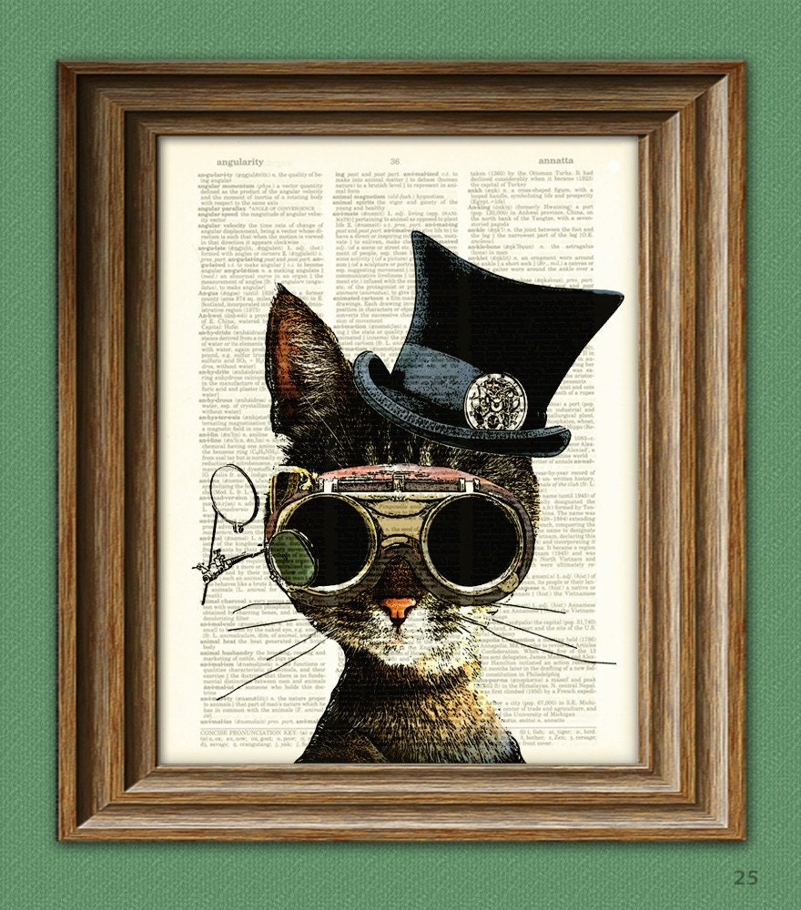 Clockwork Kitty Steampunk Cat illustration beautifully upcycled dictionary page book art print