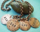 Personalized custom Hand Stamped Antiqued Copper Disc Necklace with Four discs You Choose names. words. dates. symbols