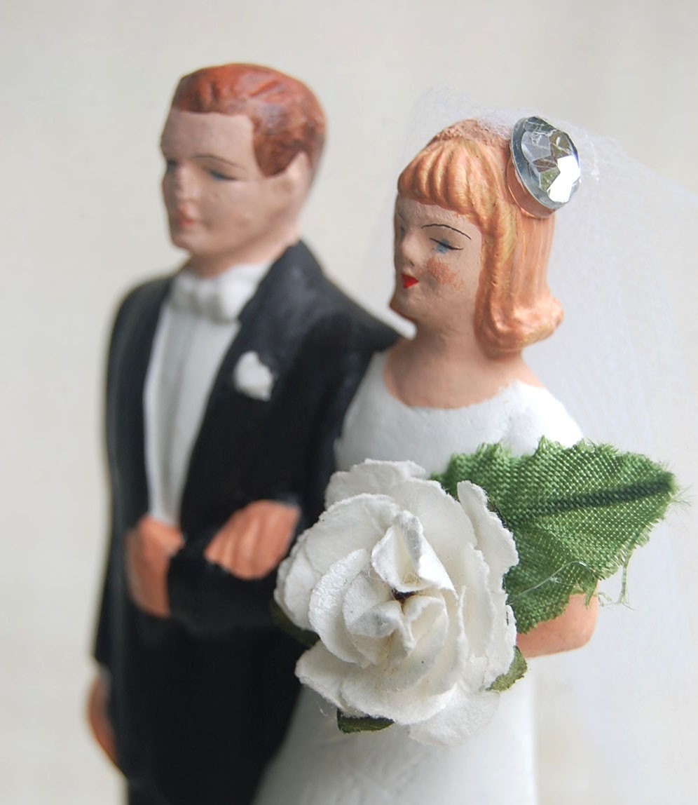 Refurbished Vintage Chalkware Bride and Groom Wedding Cake Topper