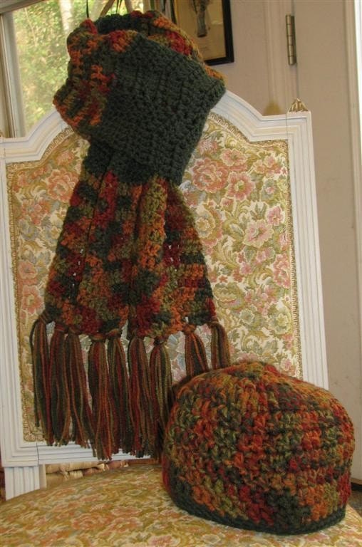 Fall Flurry Green Stripe Crochet Scarf and Hat Set