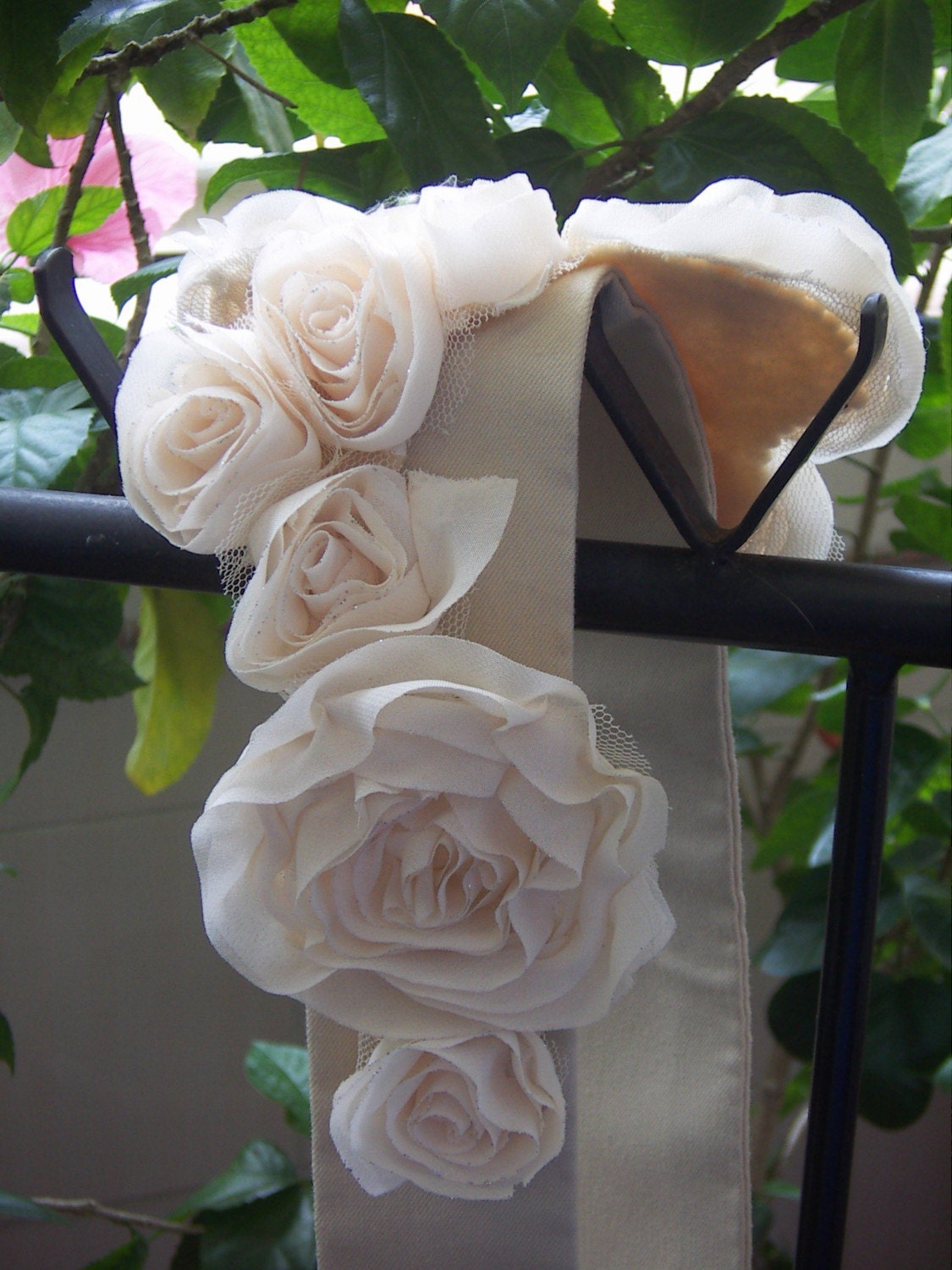 Custom wedding sash, ivory rosettes