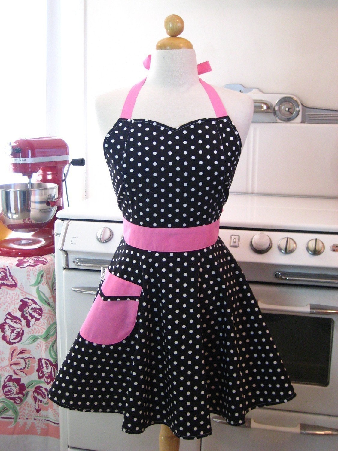 The BELLA Vintage Inspired Black and White Polka Dot with HOT Pink Full Apron