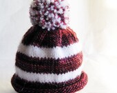 Roll Brim Pom Pom Hat for Premie or Newborn Baby Extra Small Size Red & White