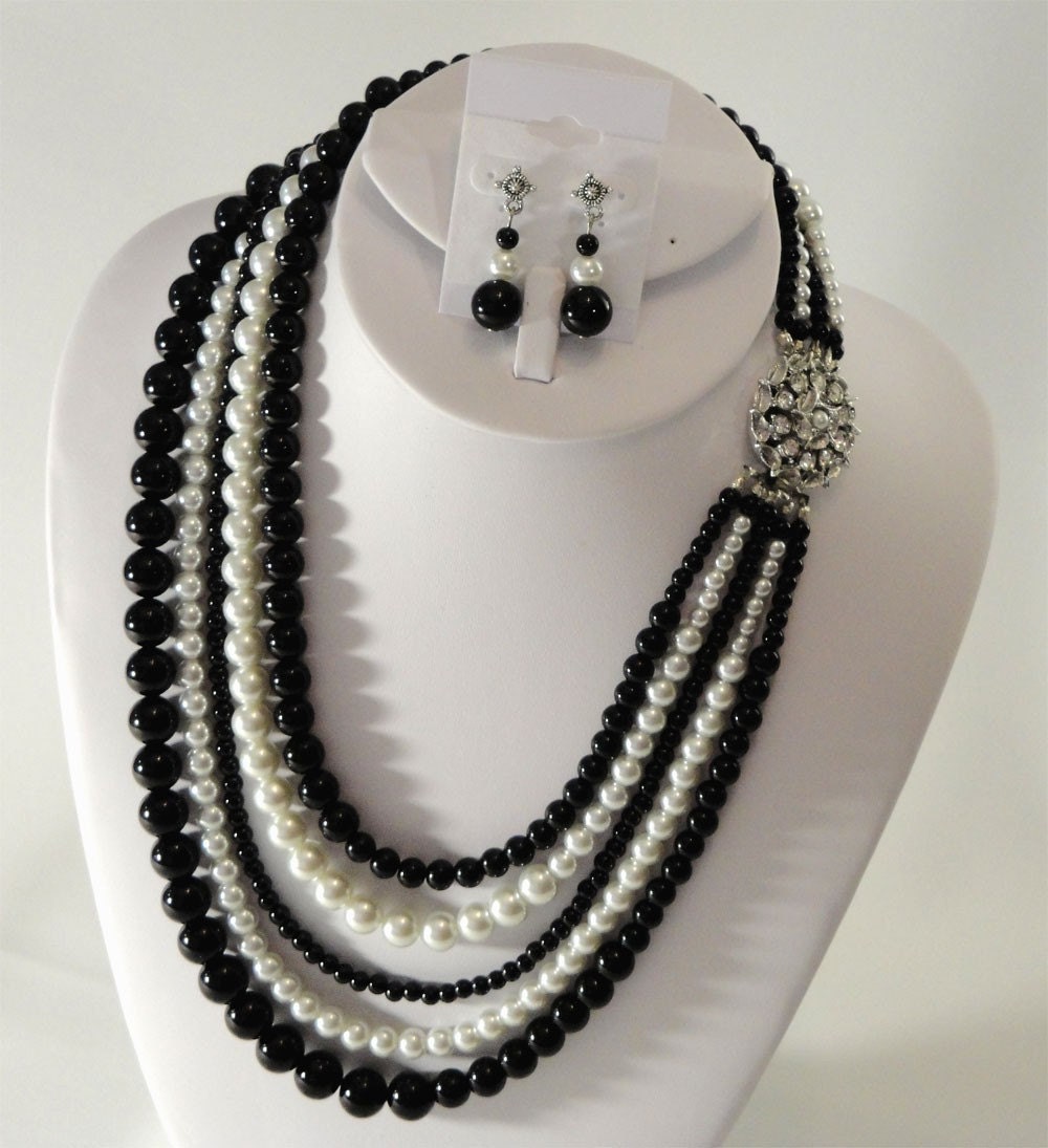 Black Tie Necklace and Earrings Set 5 Strands of Pearls in black and white glass pearls perfect for the Mother of the Bride