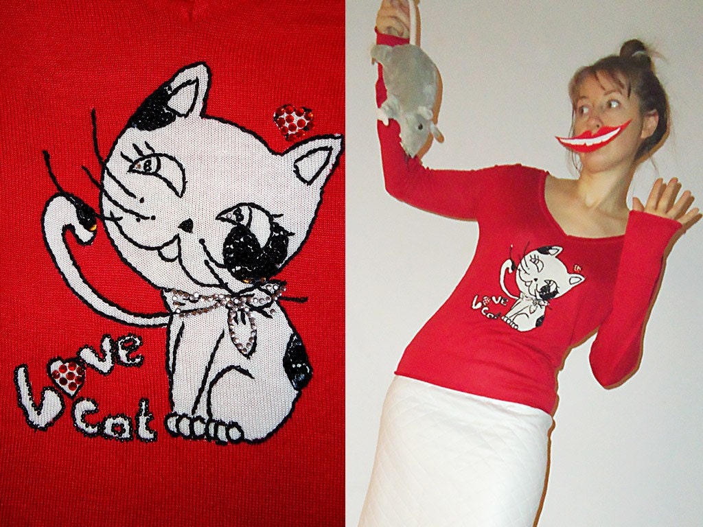 LOVEcat on a HoT TiN ROOF Red Vintage Knit Longsleeved Top Sweater with Cat and Hearts S/M/L