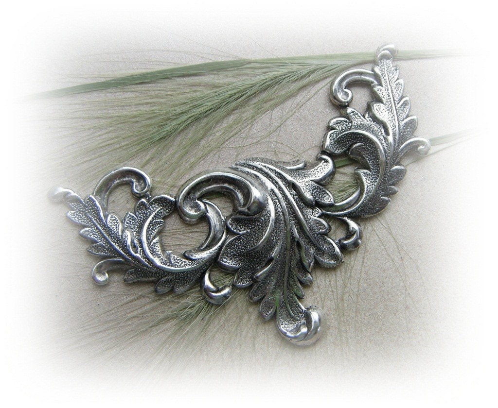 1 - Large Art Nouveau Leaves Antique Silver Ox  Brass Jewelry Finding - Brass Stamping (F)