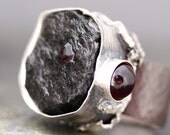 Garnet Twins Ring- Garnet in Schist and Garnet Cab in Textured Sterling Silver