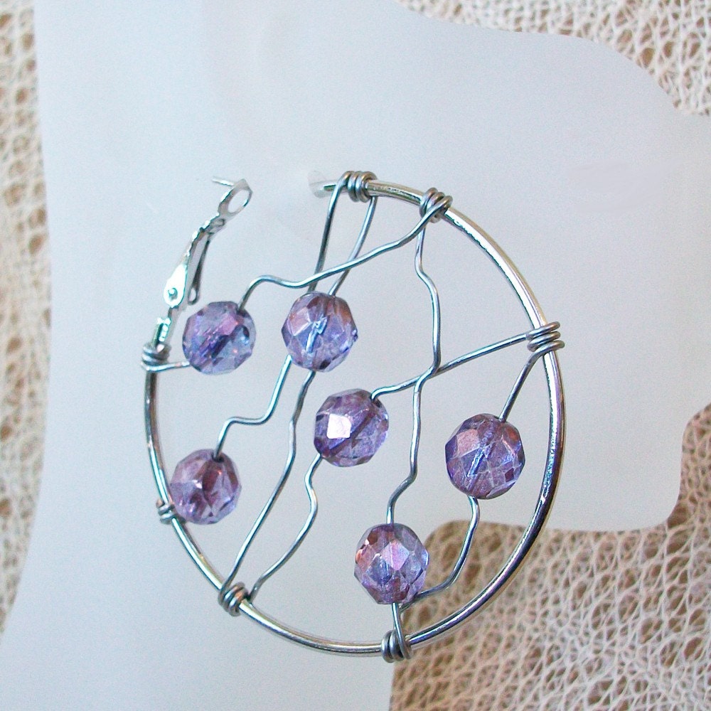 Wire Wrapped Freeform Hoops w/Purple Crystals