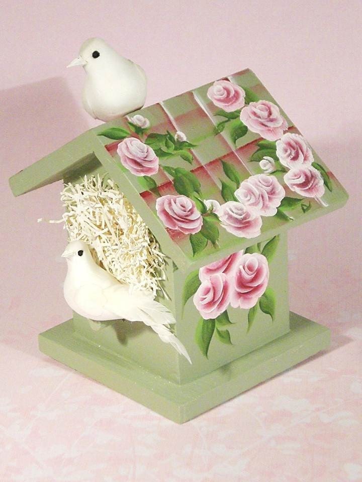 Decorative Birdhouse - Hand Painted Green Apple and Pink Plaid Roof, Pink Roses, 2 Silk Doves - Housewarming Wedding Favor Baby Shower