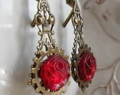 Steampunk Earrings Red Roses Earrings Great Valentines Day Gifts