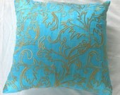 turquoise blue silk throw pillow cover with moroccan/marakesh inspired golden yellow embroidery