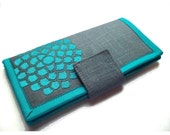 Bifold Wallet Teal Zinnia on Gray Linen - Handmade Embroidered Wallet