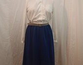Vintage Dress With Original Taffeta plaid belt - shirtwaist dress with white top and navy skirt - medium