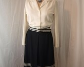 Vintage Black and White Shirtwaist Dress with Original Matching Belt in striped black and white - size medium petite