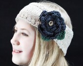 Eco Friendly Organic Cotton and Bamboo Headband - Cream with Black Dahlia