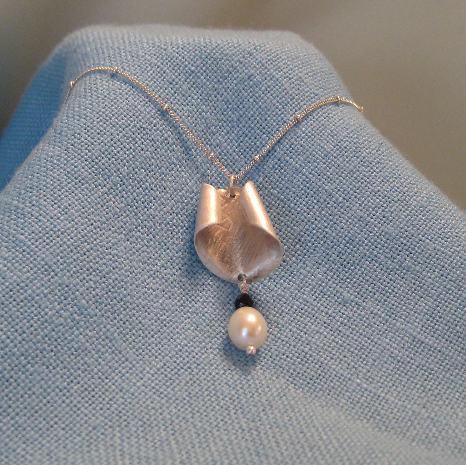 Silver Calla Lilly Necklace White Pearl Black Onyx Recycled Freeform Elegant Designer Wedding Jewelry OOAK JJDLJewelryArt