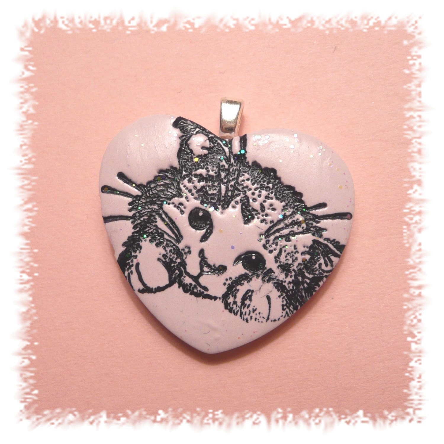 Pink Cat Heart Pendant handmade polymer clay jewelry