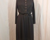 Vintage Little Black Dress with brass buttons - original belt - long sleeves and knee length - size medium