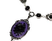 Steampunk Goth Jewelry - Necklace - Purple and Black Rose Cameo -  Black Onyx