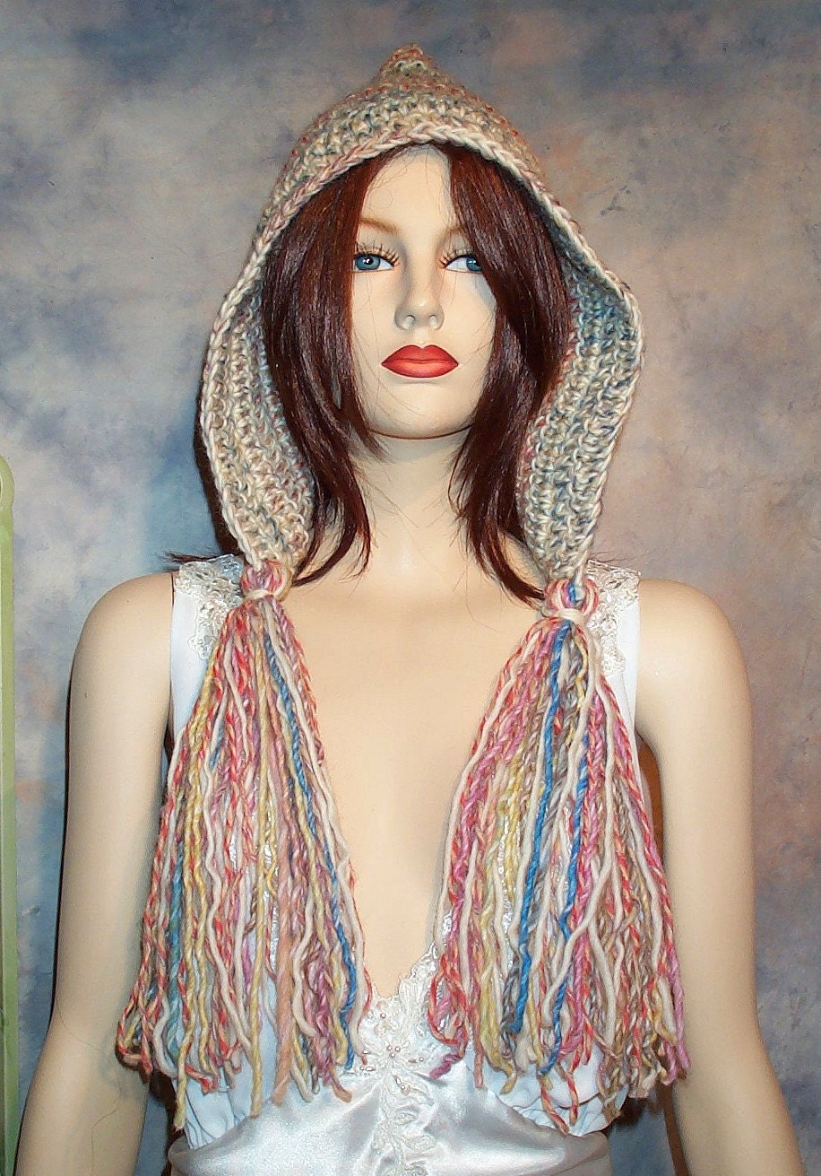 Woodland Elf Pointy Tip Pixie Hood Hat with Ponytail Falls in Buttery Pastels Colorway Made with Merino Wool with Mohair Yarn