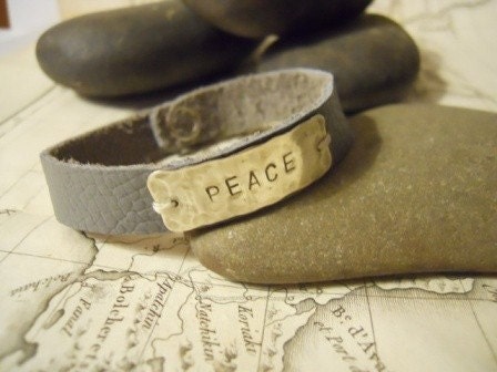 Sterling Silver 'PEACE' Stamped Quote Leather Snap Bracelet