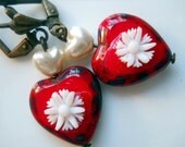 Red  Heart Picasso Vintage Pearl Heart Earrings With Vintage Flower Free  Shipping US and Canada