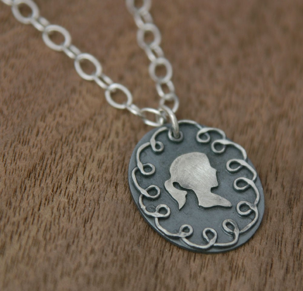 Doodle Silhouette Necklace, custom made cameo in sterling silver