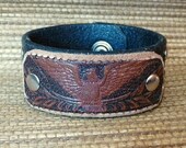 Black Leather cuff bracelet with Eagle tooled leather.