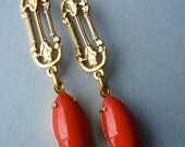 Vintage Art Nouveau Earrings with Cherry Red Drops.
