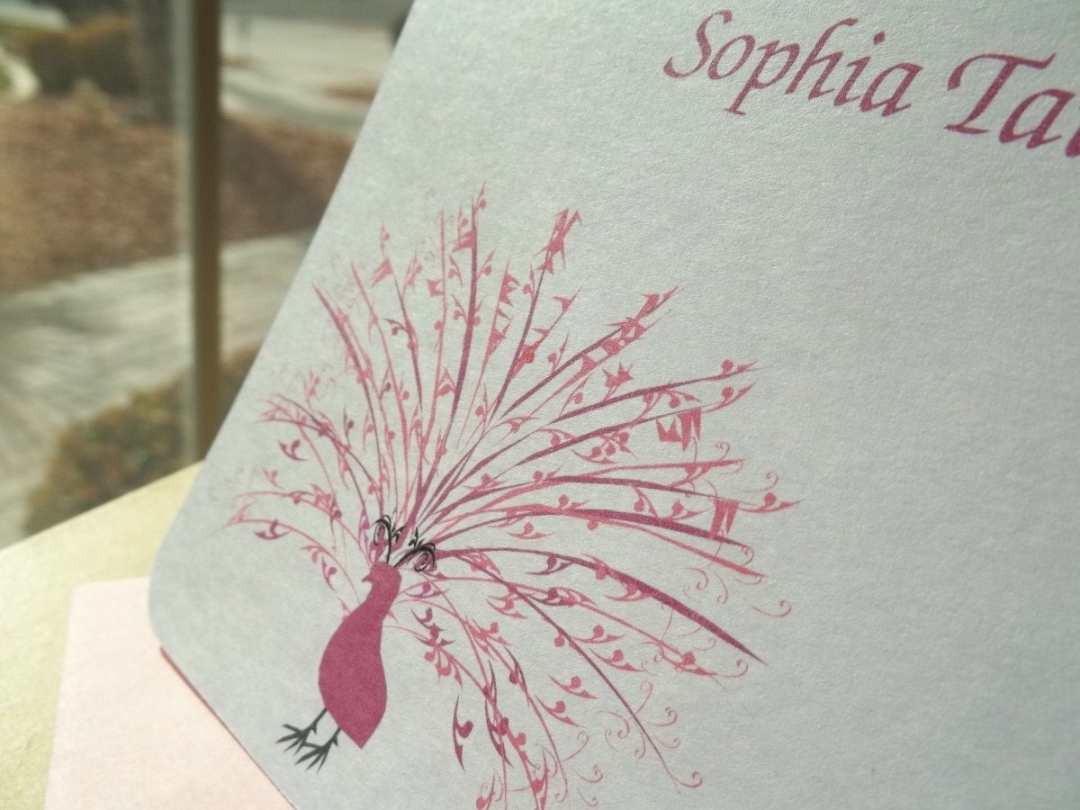 Pink Peacock Palooza. Personalized Stationery Notecard. set of 10 w/ envelopes