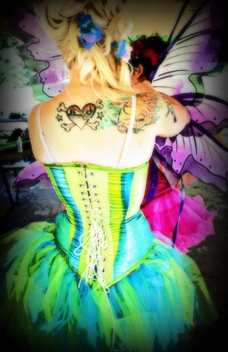 Sky Blue, Lime Green Fairy-Inspired Corset & Tutu Set