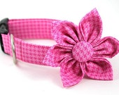 Classic Houndstooth in Pink.....Dog Collar and Flower Set.....Made to Order