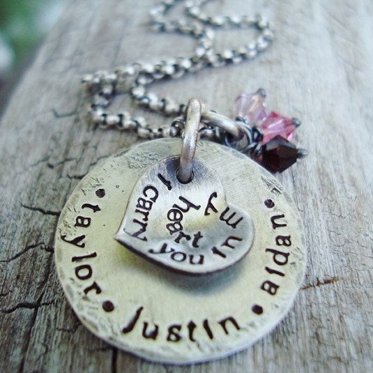 hand stamped personalized necklace.. mothers hand stamped sterling silver necklace.. rustic hand stamped jewelry.. poetic heart