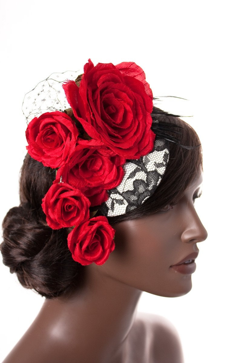Black and White Lace Mini Hat with Handmade Red Silk Roses