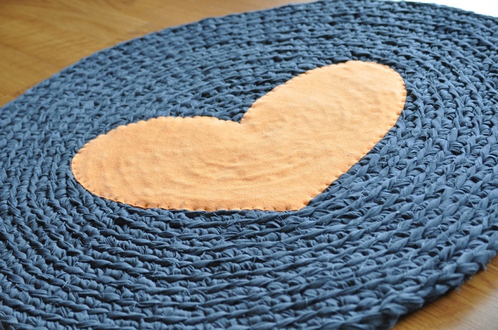 Rug by EKRA Round Orange Heart Charcoal Gray Crochet Upcycled Area