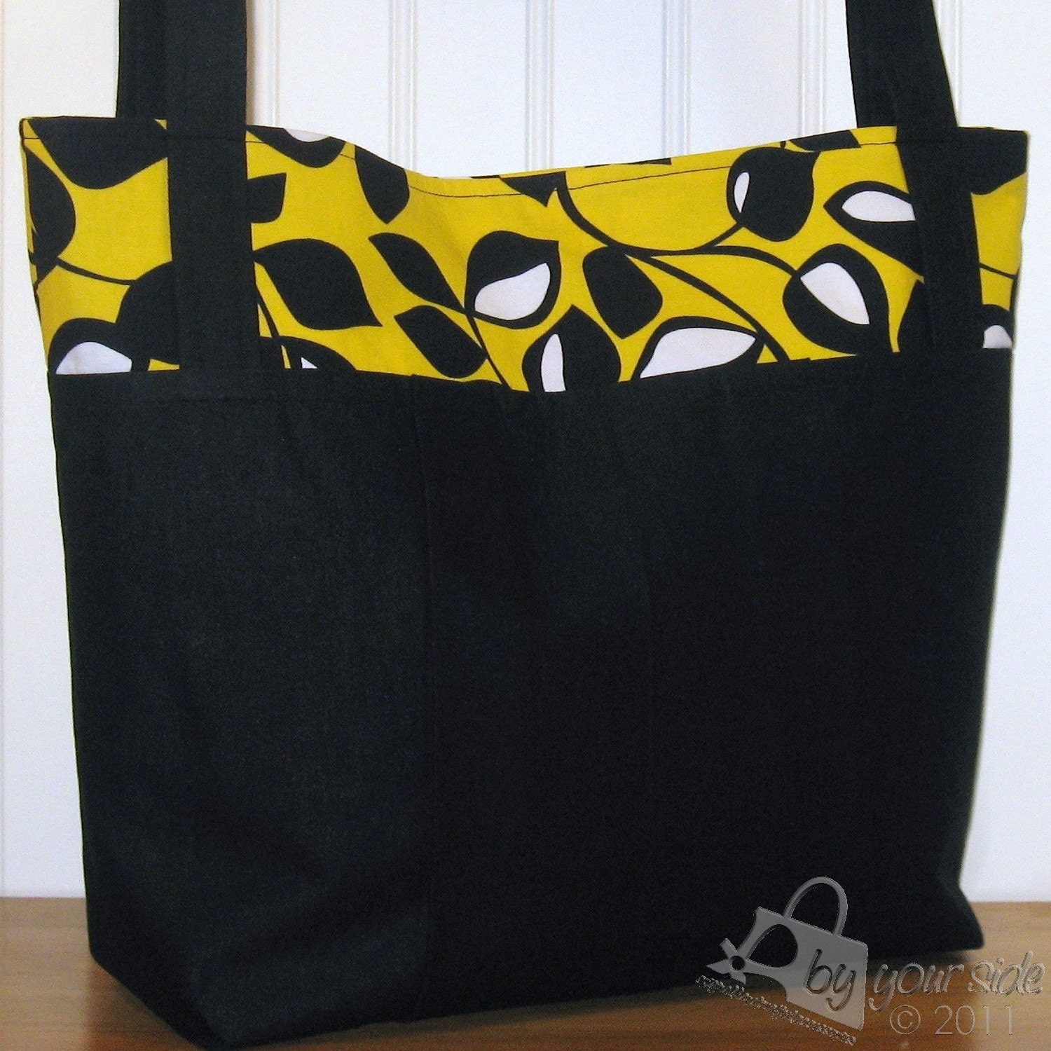 Floral Print Bag, Large Cotton Handbag, Cotton Fabric Purse, Yellow Black Leaf Print, Vine Print, CLEARANCE, ON SALE