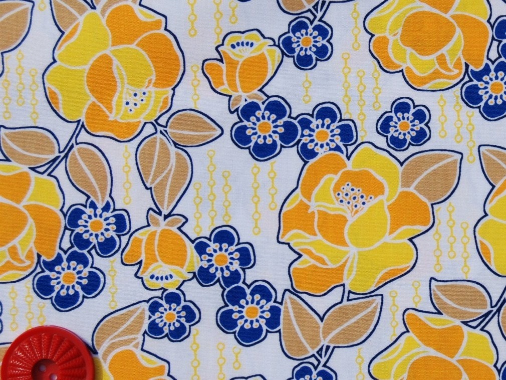 SALE Folk Life by Anthology Fabrics - Roses in Yellow-Blue  1 yard listing