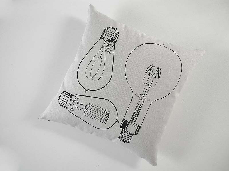 Vintage Light Bulbs silk screened cotton canvas throw pillow 18 inch black