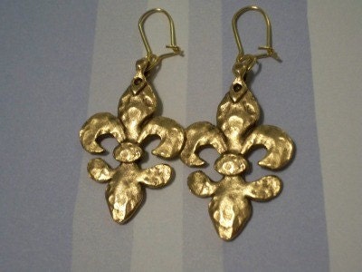 Large Hammered Gold Fleur de Lis Earrings
