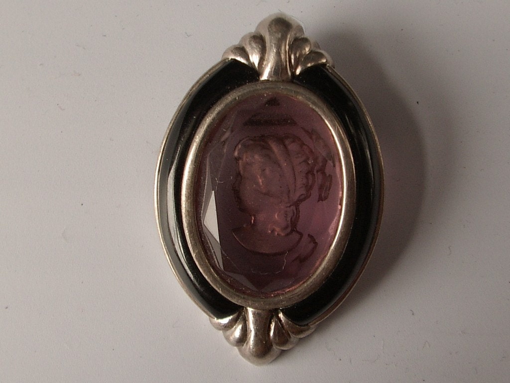 amethyst cameo sterling brooch, silver, carved intaglio, february birthstone, victorian cameo, silver jewelry - ShoponSherman