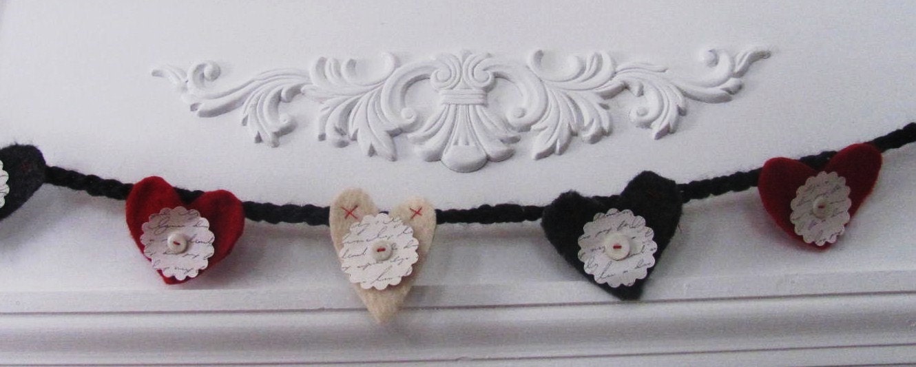 felted heart banner/garland red,gray,cream with vintage white buttons