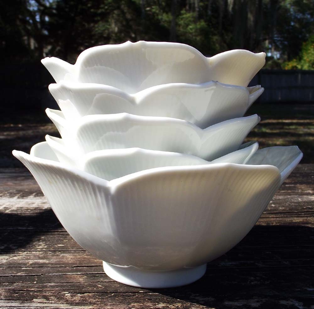 Set of 5  White on White China Lotus Bowls