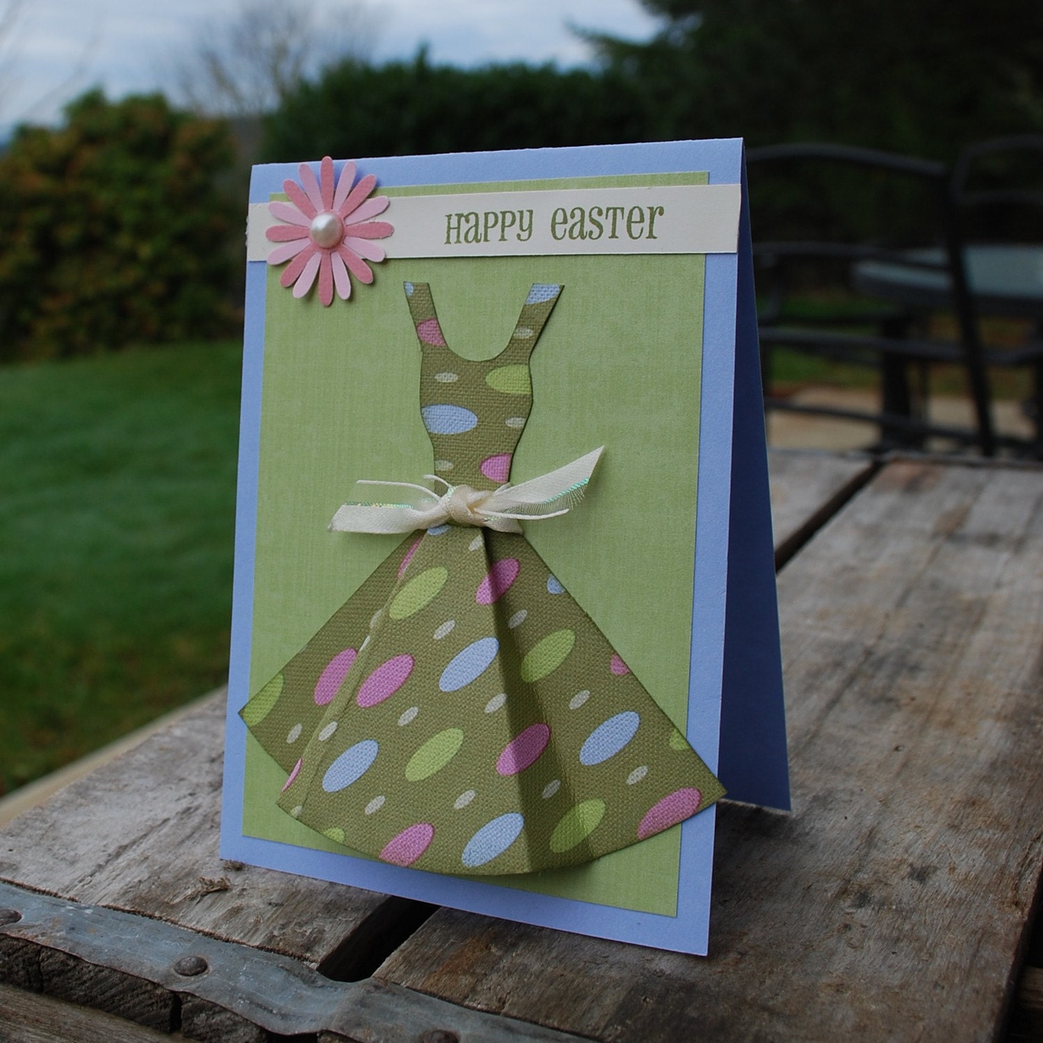 Happy Easter card and envelope in pink, lavender and olive Amy Butler paper